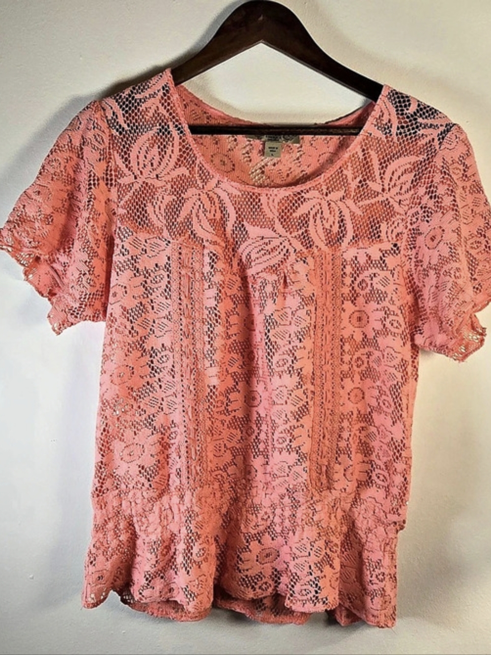 Nine West Vintage America Coral Floral Lace Smocked Peplum Blouse Large L